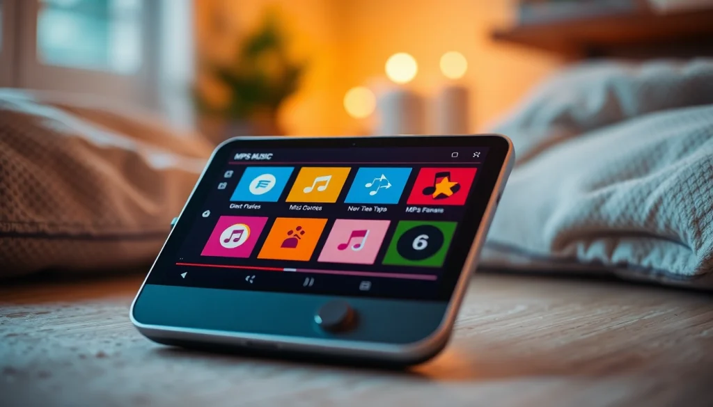 Explore MP3 download options with an interactive music interface on a digital device, showcasing vibrant colors.