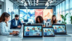 Engaging professionals using digital tools on multiple devices at https://whatalker.com in a modern office.