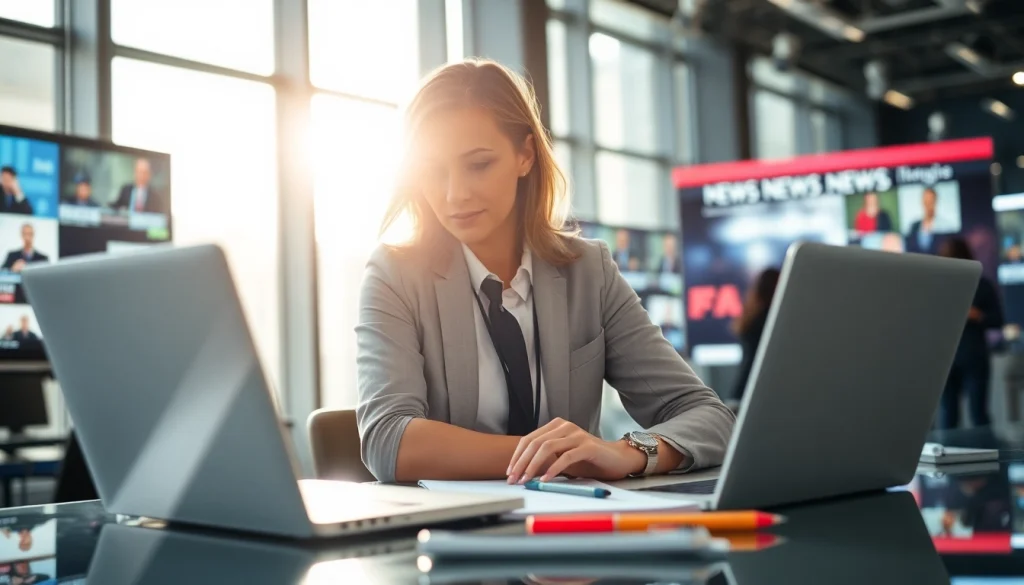 Dynamic scene of a journalist at suntimesnews.com reporting news from a vibrant newsroom.