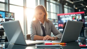 Dynamic scene of a journalist at suntimesnews.com reporting news from a vibrant newsroom.