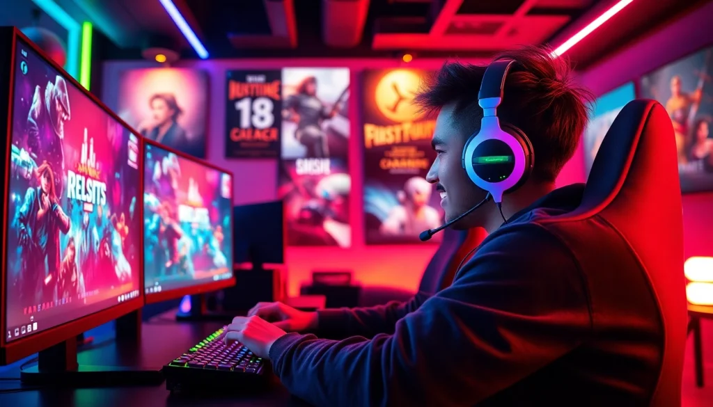 Gamer immersed in gameplay at https://gamelevate.com with vibrant lighting and modern setup.