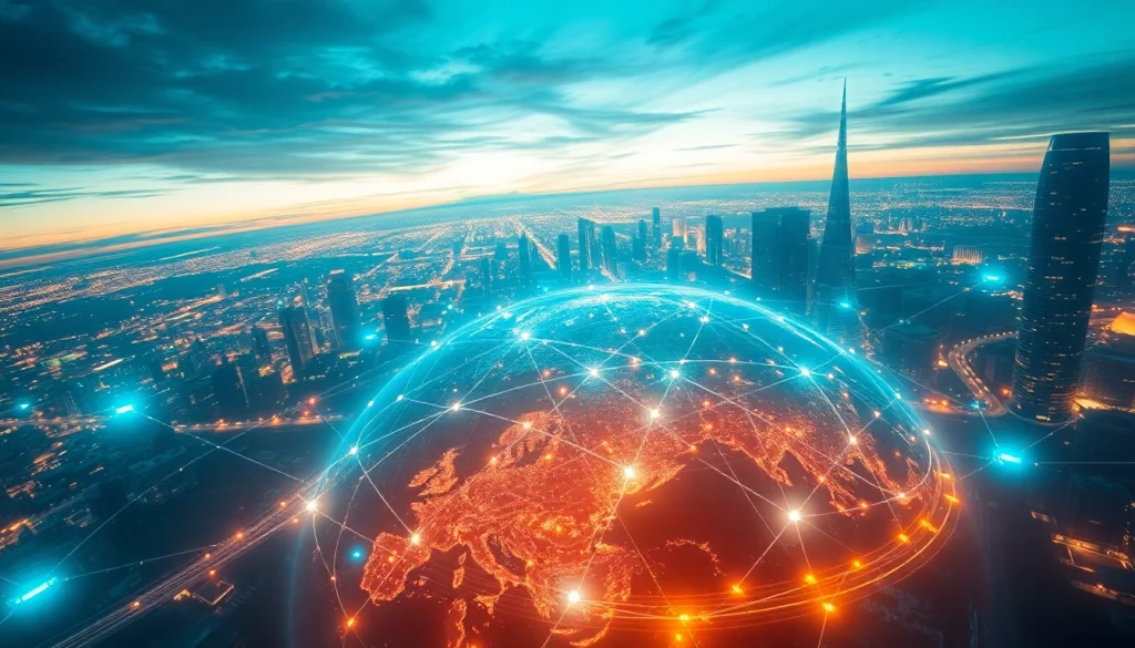 Menampilkan jaringan digital global dengan https://152.42.170.247 sebagai fokus utama, dalam suasana futuristik.