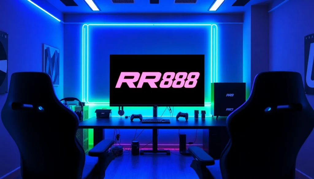 Enhance your gaming experience with the RR88 logo in a dynamic gaming setup.