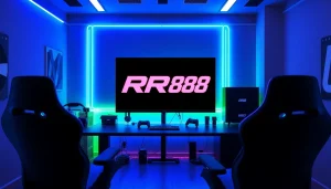 Enhance your gaming experience with the RR88 logo in a dynamic gaming setup.