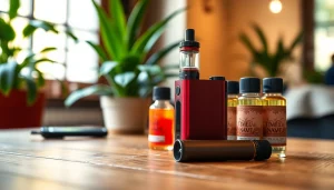 Das e zigarette-Setup mit bunten E-Liquids und einer modernen Vape-Einheit auf einem Holztisch.
