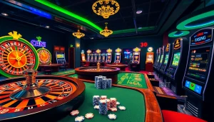 A lively casino environment at KJC AC 1 featuring roulette wheels, poker tables, and slot machines, emphasizing an exciting gaming experience.