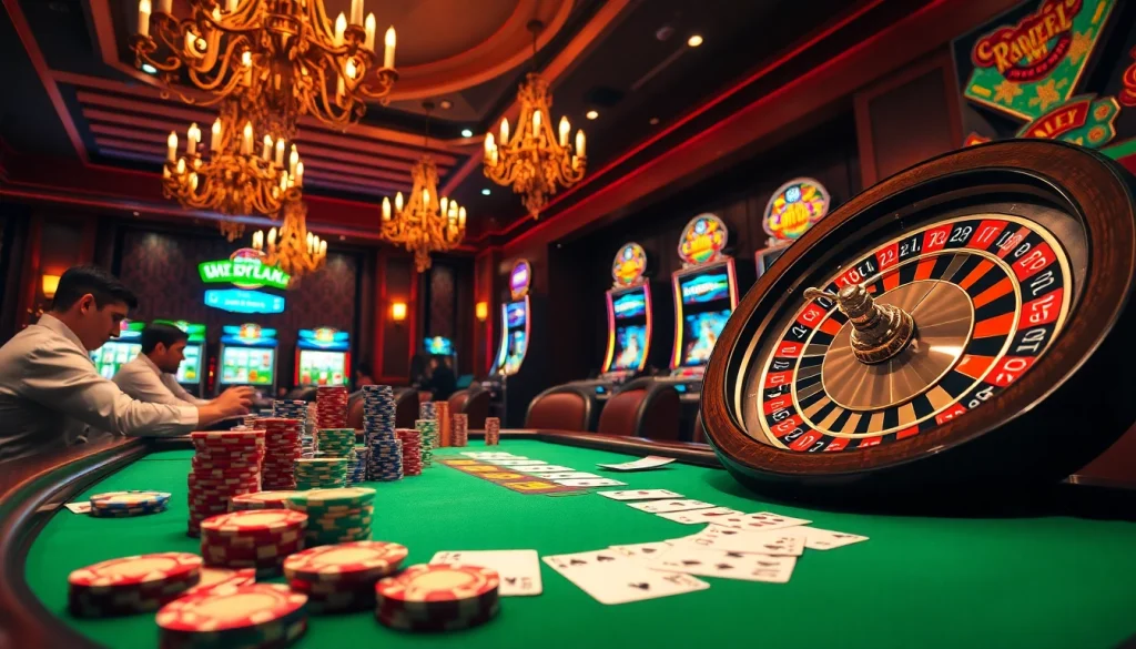 Experience the thrill of gambling at Okfun with vibrant poker tables, chips, and roulette wheels in a luxury casino.