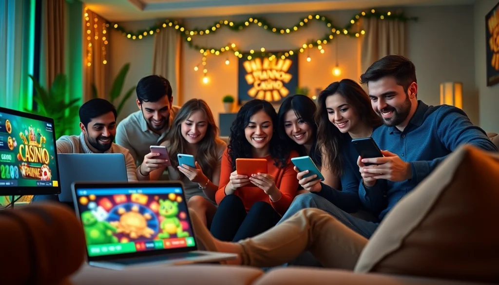 Engage and play casino games online with friends in a vibrant living room setting.