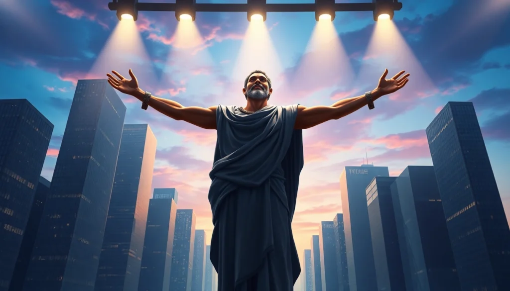 Illuminated figure representing the Gilgamesh Project at dusk, symbolizing immortality and aspiration in a modern setting, referencing www.trilgameshproject.com.