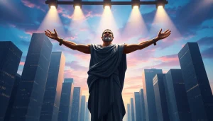 Illuminated figure representing the Gilgamesh Project at dusk, symbolizing immortality and aspiration in a modern setting, referencing www.trilgameshproject.com.