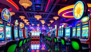 Menampilkan pengalaman seru sayapbola slot dengan mesin slot cerah dan kalangan ramai di kasino.