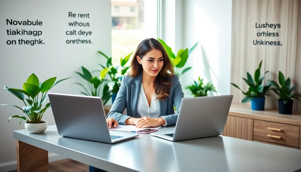 Engaging businesswoman learning to effectively Rent LinkedIn Profile in a modern workspace.