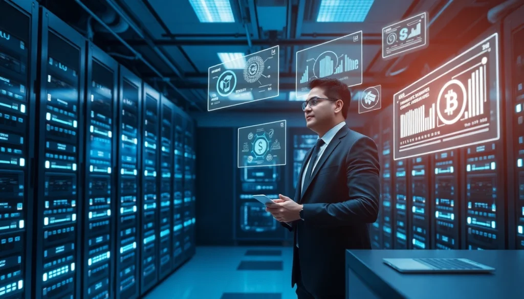 Cloud mining facility showcasing advanced technology and real-time data visualization.