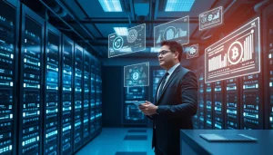 Cloud mining facility showcasing advanced technology and real-time data visualization.