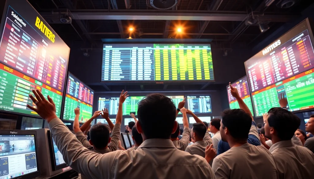 Bettors engaged in sports betting in India, celebrating victories with dynamic screens in a vibrant setting.