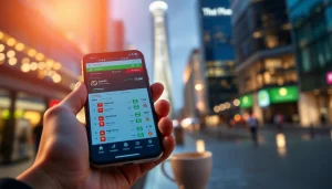 Showcasing the best sports betting apps in India on a vibrant smartphone interface in an urban setting.