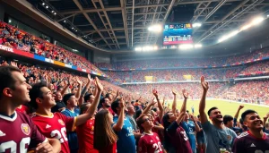 스포츠중계 중인 팬들이 열광하는 모습, 현대적인 경기장 배경