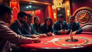 mm888 poker game scene with players and colorful chips in a luxury casino setting.
