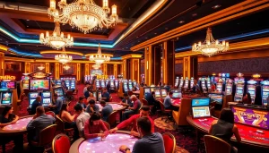 คาสิโนที่มีบรรยากาศหรูหราและนักพนันที่สนุกสนานในการเล่นเกม