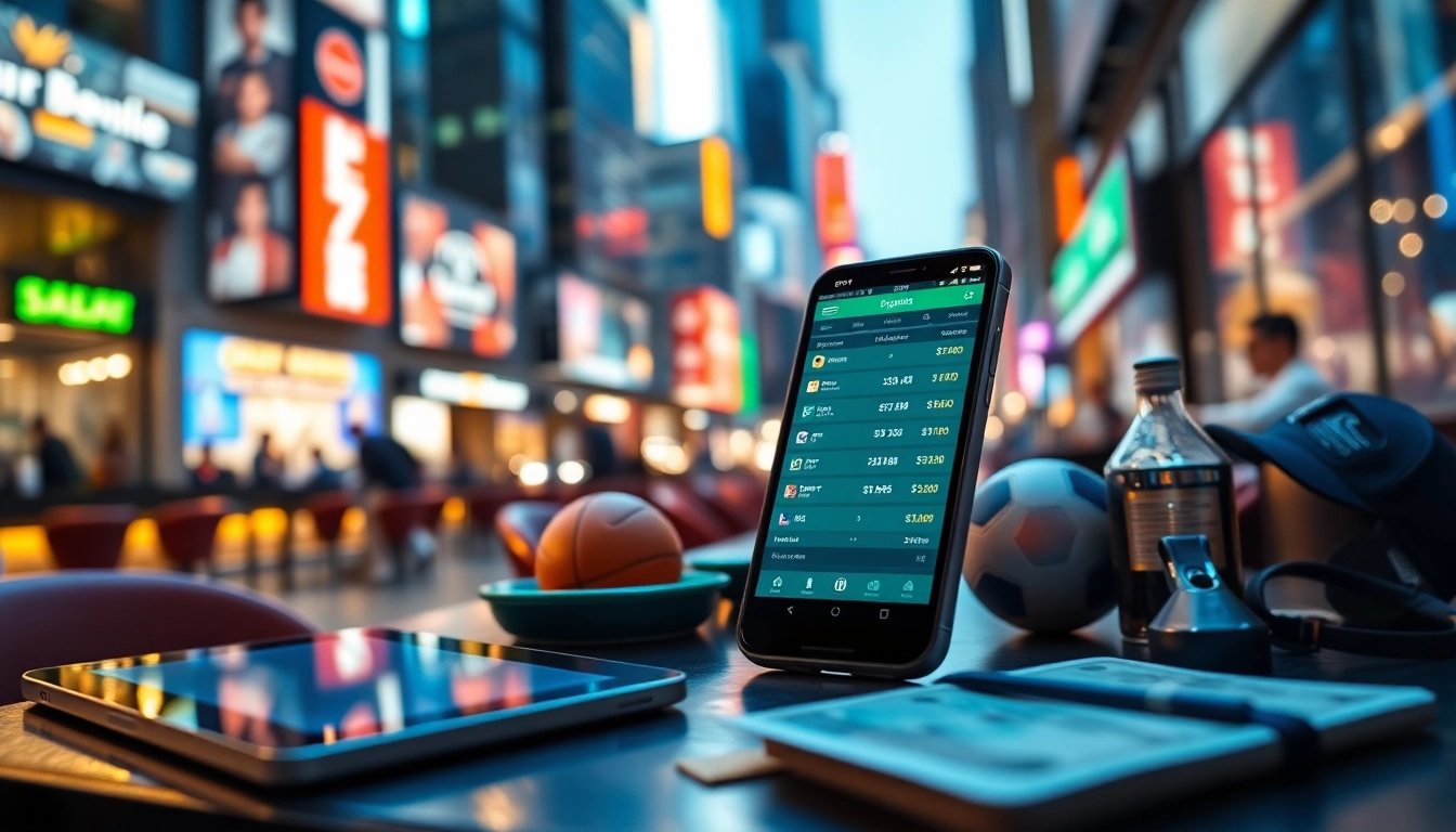 Explore best sports betting apps in India showcased on a smartphone in a vibrant urban cafe setting.