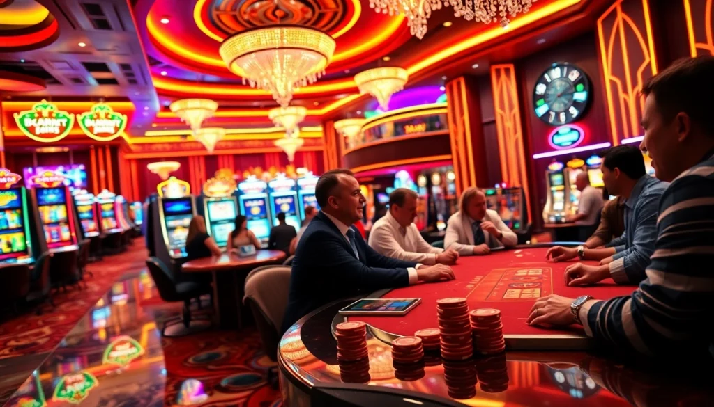 Permainan casino online terbesar dengan pemain meriah di meja poker yang elegan.