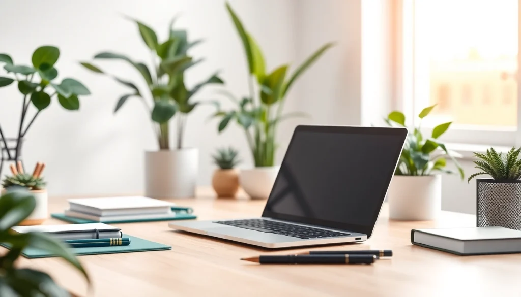 Bekijk de moderne werkplek met een laptop en kantoorbenodigdheden op https://www.stofnodig.nl