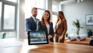 Real Estate agent presenting listings to a couple in a modern office.