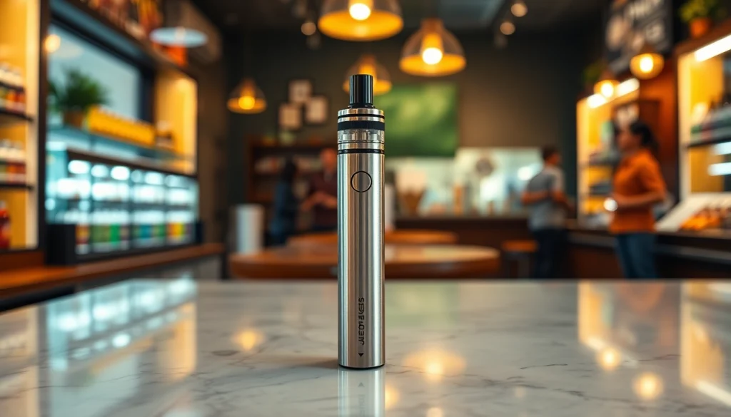 Admire the elegant jeeter juice pen displayed prominently against a stylish vape shop backdrop.