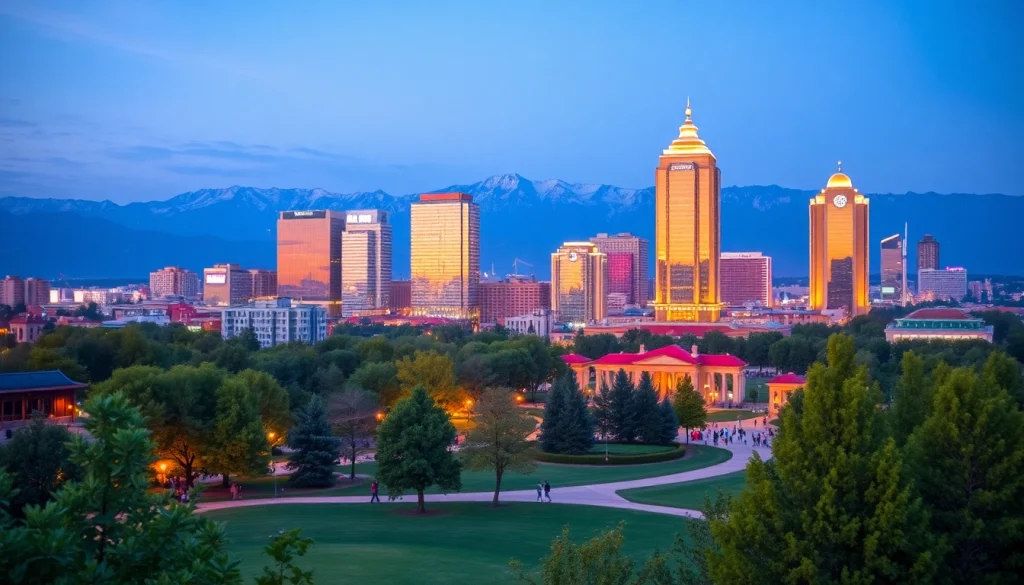 Visualize the vibrant cityscape of Almaty at dusk on https://albmaftoh.com with illuminated skyscrapers.