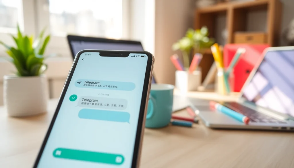Engaging Telegram中文 chat interface displayed on a smartphone in a vibrant workspace.