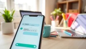Engaging Telegram中文 chat interface displayed on a smartphone in a vibrant workspace.
