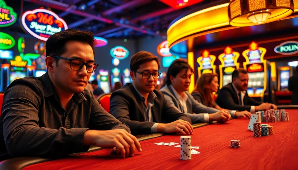 Menangkan Domino88 poker game saat memainkan kartu dengan intens di kasino yang meriah.