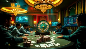 Engage in thrilling gambling action with trực tiếp bóng đá displayed on an online interface in a vibrant casino.