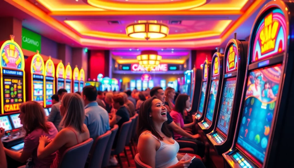 Menggambarkan pemain yang sedang bersenang-senang di komengtoto dengan mesin slot berkilauan di latar belakang.