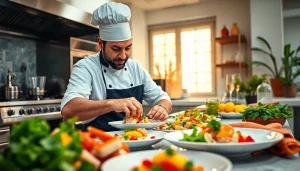 Private chef Sint Maarten skillfully preparing a gourmet dish in a luxurious kitchen.