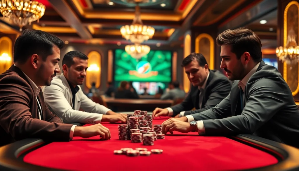 Engaging scene of MM88 players competing passionately at a poker table in a vibrant casino setting.