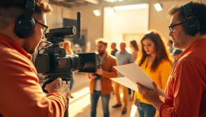 Engaging video production scene with a diverse team collaborating on set.