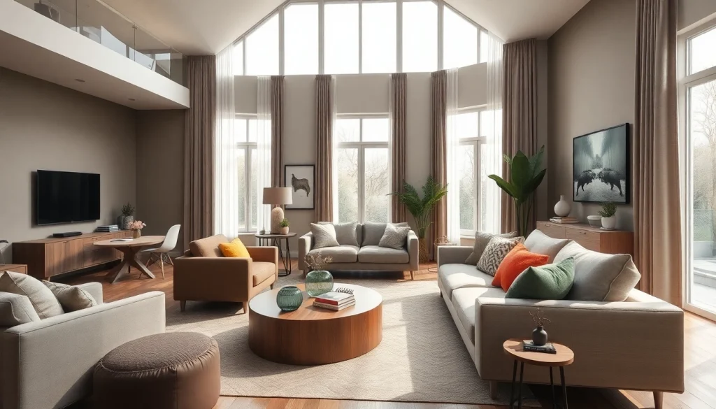 Menggambarkan desain interior elegan www.oscarliving.co.id di ruang tamu modern yang nyaman dan menyenangkan.