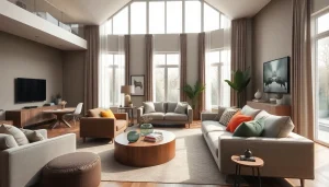 Menggambarkan desain interior elegan www.oscarliving.co.id di ruang tamu modern yang nyaman dan menyenangkan.