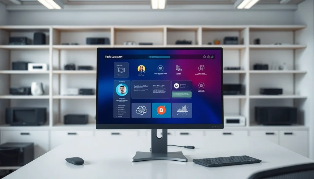 Engage with 向日葵官网, showcasing a modern tech support interface in a sleek office environment.