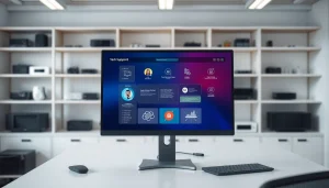 Engage with 向日葵官网, showcasing a modern tech support interface in a sleek office environment.