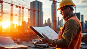 New York City Construction Manager supervising a vibrant construction site with architectural plans.