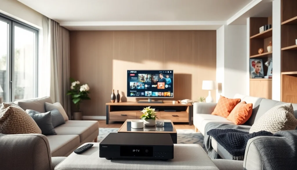 Bekijk IPTV ontvangers en accessoires op https://satdeal.nl in een moderne woonkamer.