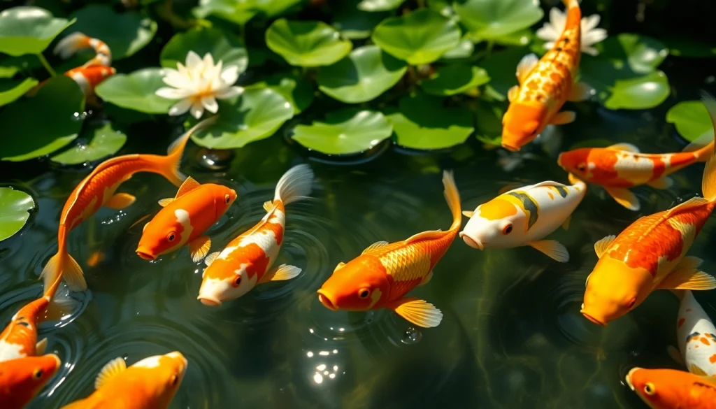 Melihat koi800 yang indah di kolam koi dengan ikan berwarna cerah yang bergerak lincah.