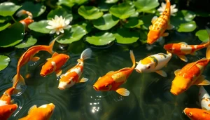 Melihat koi800 yang indah di kolam koi dengan ikan berwarna cerah yang bergerak lincah.