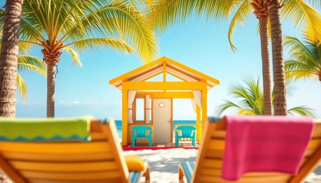 Enjoying a sunny day at a coastal cabana surrounded by palm trees and sandy beaches.