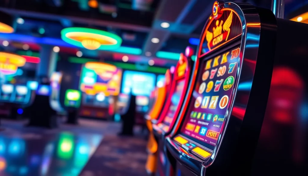 Menarik pengalaman bermain slot dengan mesin slot berkilau dan latar belakang penuh warna.