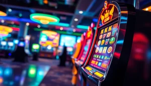 Menarik pengalaman bermain slot dengan mesin slot berkilau dan latar belakang penuh warna.