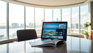 Showcasing Pattaya property listings in a professional real estate office with a stunning skyline view.