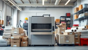 Efficient operation of a shrink wrap machine packaging items in a modern industrial setting.